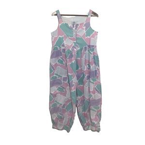 Vintage 80s Jumpsuit Laura Ashley Size Large Pink Abstract Cotton Harem Legs